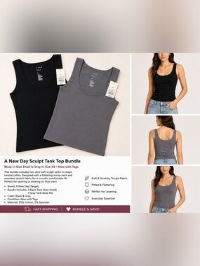 A New Day Sculpt Tank Top Bundle Black Small & Gray XS NWT Seamless Scoop Neck